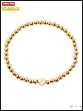 18K Gold Plated Stainless Steel Stretch Beaded Bracelet with Heart Initial Charm